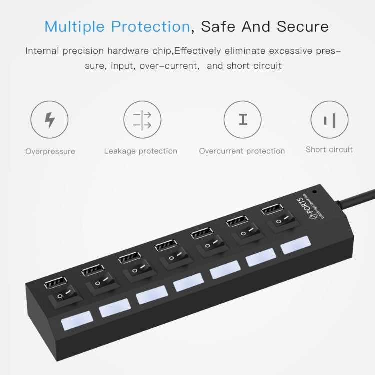 7 Ports USB Hub 2.0 USB Splitter High Speed 480Mbps with ON/OFF Switch / 7 LEDs, 7 Ports (White), 7 Ports (Black)