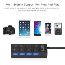 Load image into Gallery viewer, 4 Ports USB Hub 2.0 USB Splitter High Speed 480Mbps with ON/OFF Switch, 4 LED, 4 Ports with 4 LED (Black)