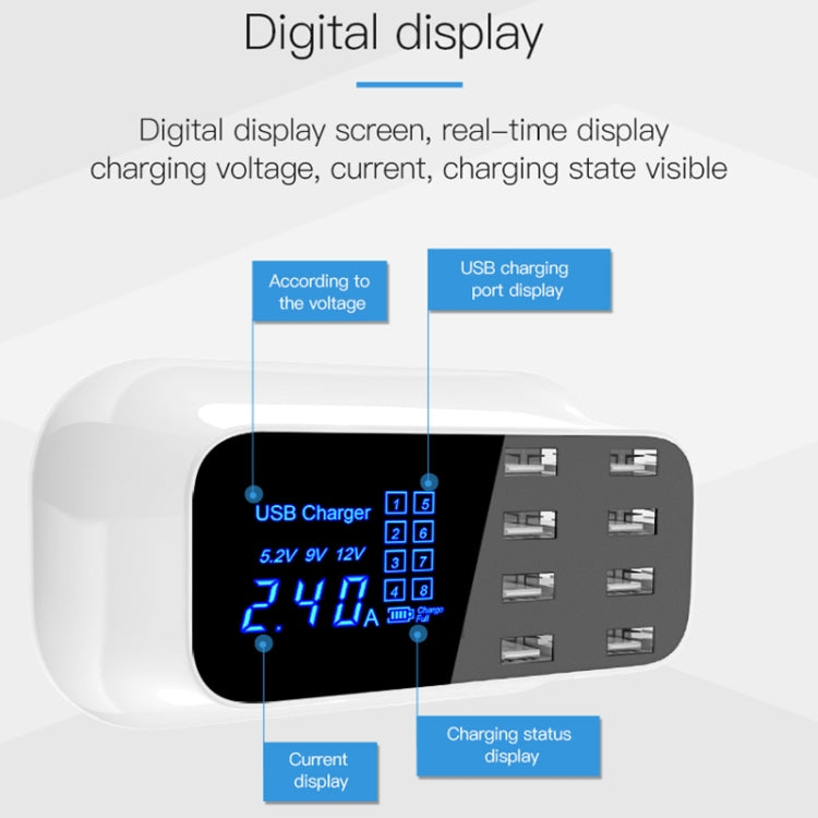YC-CDA19A 8-port USB Multi-function 40W Intelligent Digital Display Fast Charging Dock, UK Plug