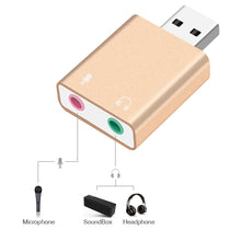 Load image into Gallery viewer, Aluminum Shell 3.5mm Jack External USB Sound Card HIFI Magic Voice 7.1 Channel Adapter Free Drive for Computer, Desktop, Speakers, Headset, Microphone, Aluminum 7.1 Channel Gold