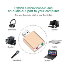 Load image into Gallery viewer, Aluminum Shell 3.5mm Jack External USB Sound Card HIFI Magic Voice 7.1 Channel Adapter Free Drive for Computer, Desktop, Speakers, Headset, Microphone, Aluminum 7.1 Channel Gold