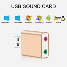 Load image into Gallery viewer, Aluminum Shell 3.5mm Jack External USB Sound Card HIFI Magic Voice 7.1 Channel Adapter Free Drive for Computer, Desktop, Speakers, Headset, Microphone, Aluminum 7.1 Channel Gold