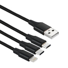 Load image into Gallery viewer, 2A 1.2m 3 in 1 USB to 8 Pin &amp; USB-C / Type-C &amp; Micro USB Nylon Weave Charging Cable
