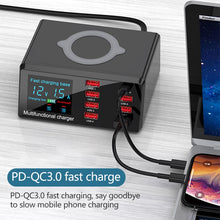 Load image into Gallery viewer, X9 9 in 1 QC 3.0 USB Interface + 6 USB Ports + PD 65W Ports + QI Wireless Fast Charging Multi-function Charger with LED Display