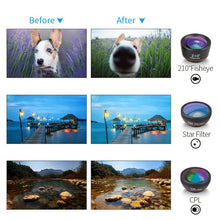 Load image into Gallery viewer, APEXEL APL-DG6V2 6 in 1 Universal External 2X Telephone+210 Degrees Fisheye+15X Macro+120 degree Wide-angle+CPL+Star Filter Lens