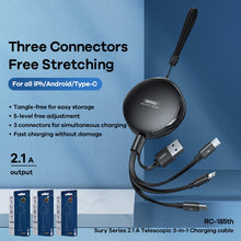 Load image into Gallery viewer, REMAX RC-185th 3 in 1 2.1A USB to 8 Pin + USB-C / Type-C + Micro USB Sury Series Telescopic Charging Data Cable