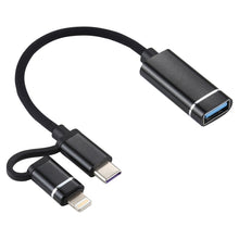 Load image into Gallery viewer, USB 3.0 Female to 8 Pin + USB-C / Type-C Male Charging + Transmission OTG Nylon Braided Adapter Cable, Cable Length: 11cm, 8 Pin Black, 8 Pin Silver + White, 8 Pin Red, 8 Pin Blue