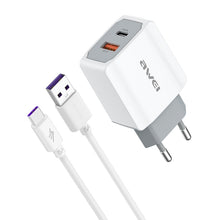 Load image into Gallery viewer, awei PD4 20W PD Type-C + QC 3.0 USB Interface Fast Charging Travel Charger with Data Cable, EU Plug