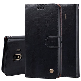 Business Style Oil Wax Texture Horizontal Flip Leather Case for Galaxy J4 (EU Version) (2018), with Holder & Card Slots & Wallet