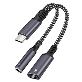 2 in 1 USB-C / Type-C Male to PD 60W USB-C / Type-C Charging + 3.5mm Audio Female Earphone Adapter