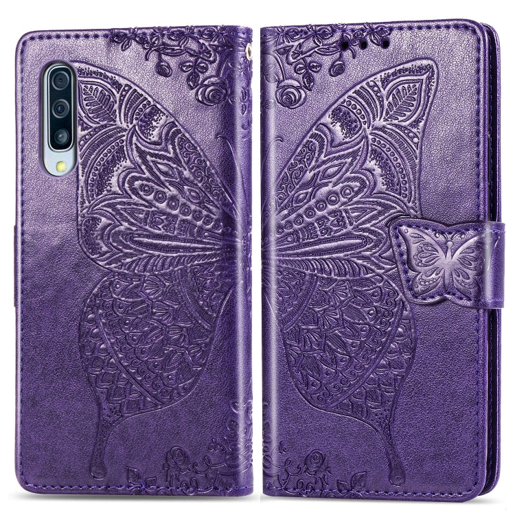 Butterfly Love Flowers Embossing Horizontal Flip Leather Case for Galaxy A50, with Holder & Card Slots & Wallet & Lanyard
