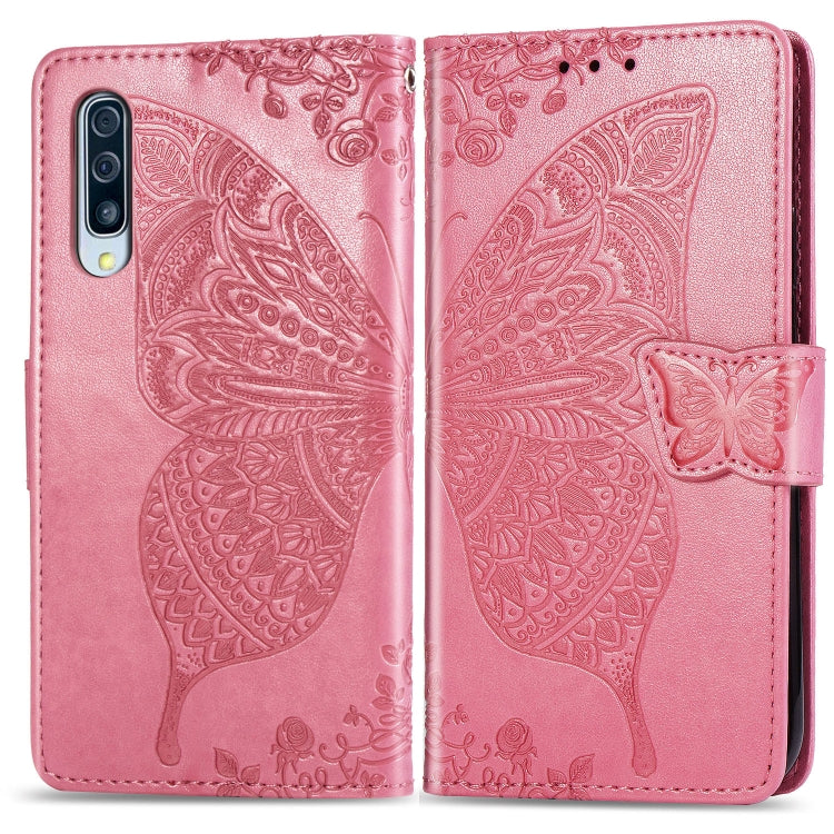 Butterfly Love Flowers Embossing Horizontal Flip Leather Case for Galaxy A50, with Holder & Card Slots & Wallet & Lanyard