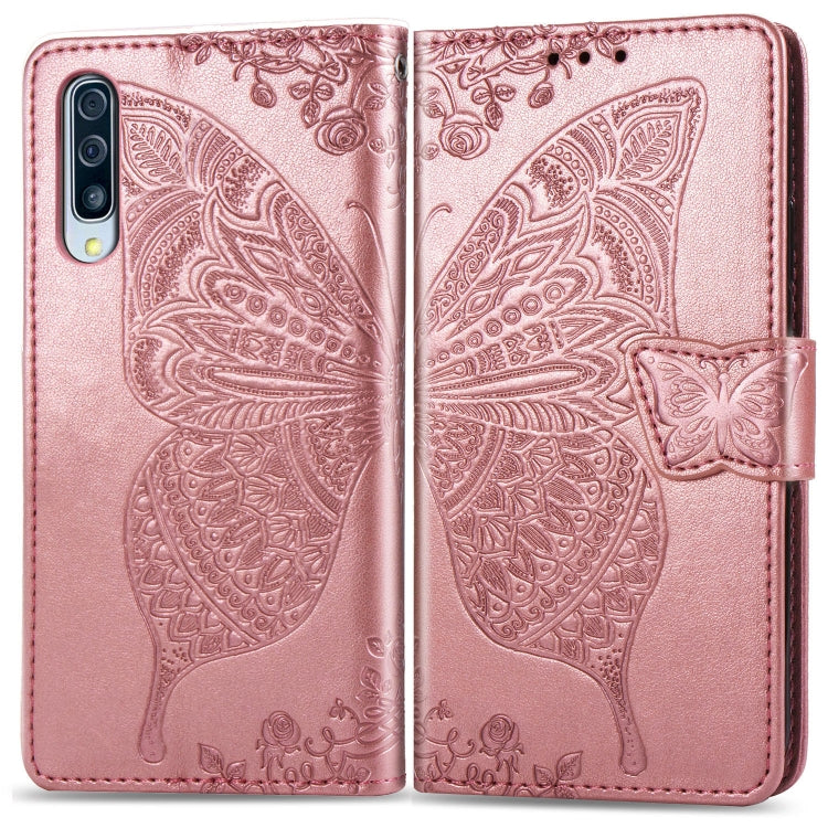 Butterfly Love Flowers Embossing Horizontal Flip Leather Case for Galaxy A50, with Holder & Card Slots & Wallet & Lanyard