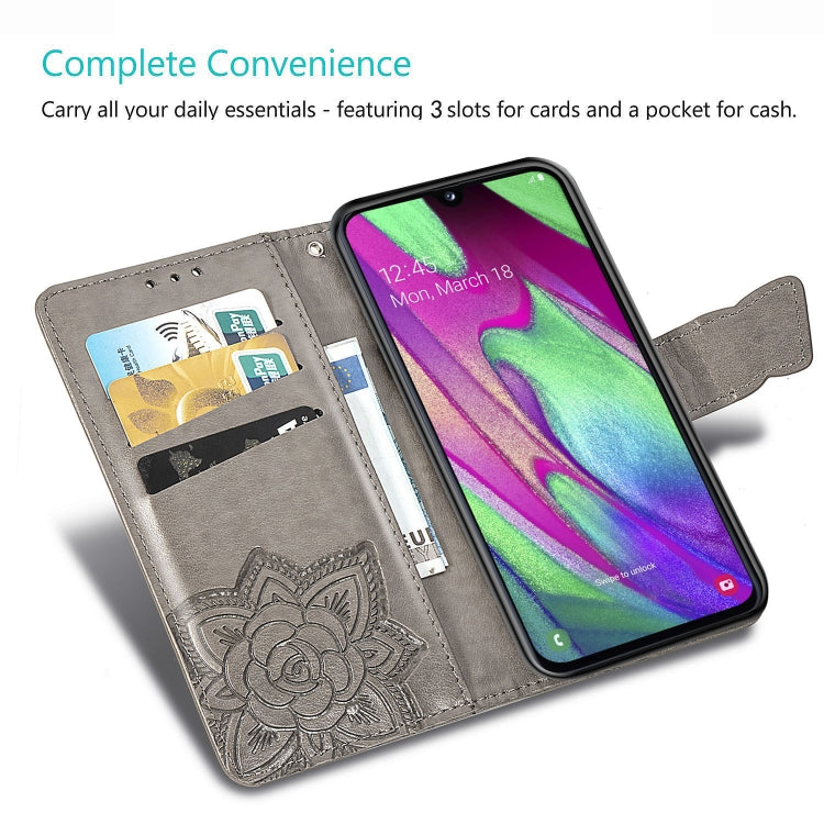 Butterfly Love Flowers Embossing Horizontal Flip Leather Case for Galaxy A40, with Holder & Card Slots & Wallet & Lanyard