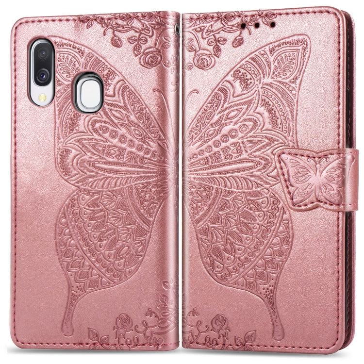 Butterfly Love Flowers Embossing Horizontal Flip Leather Case for Galaxy A40, with Holder & Card Slots & Wallet & Lanyard