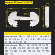 Load image into Gallery viewer, 52 PCS Metric 60 Degrees +British 55 Degrees CR Stainless Steel Thread Gauge, 52 PCS Thread Gauge