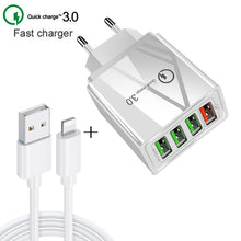 Load image into Gallery viewer, 2 in 1 1m USB to 8 Pin Data Cable + 30W QC 3.0 4 USB Interfaces Mobile Phone Tablet PC Universal Quick Charger Travel Charger Set, EU Plug, 8 Pin Set EU Plug