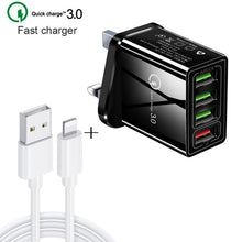 Load image into Gallery viewer, 2 in 1 1m USB to 8 Pin Data Cable + 30W QC 3.0 4 USB Interfaces Mobile Phone Tablet PC Universal Quick Charger Travel Charger Set, UK Plug, 8 Pin Set UK Plug