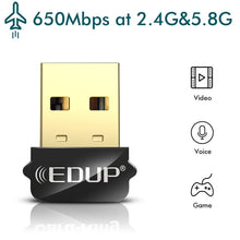 Load image into Gallery viewer, EDUP EP-AC1651 USB WIFI Adapter 650Mbps Dual Band 5G/2.4GHz External Wireless Network Card Wifi Dongle Receiver for Laptop Windows MacOS