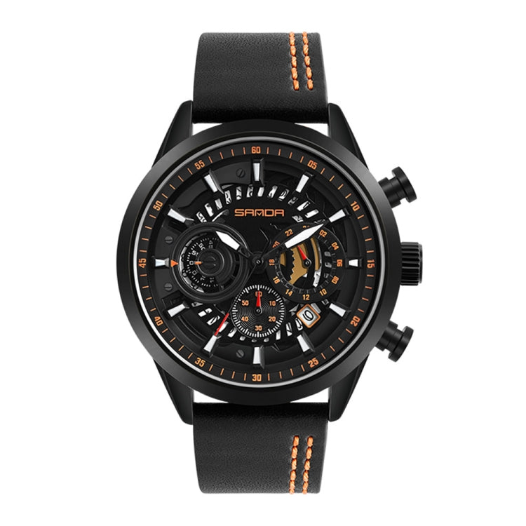 SANDA 5010P Six-Pin Cool Big Dial Waterproof Three-Eye Men Watch Leather Strap Fashion Trend Men Watch