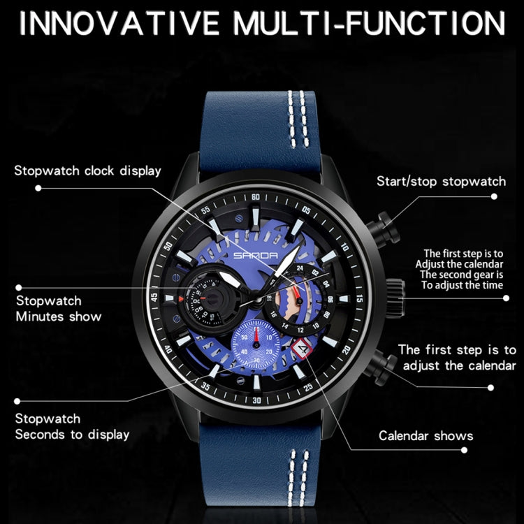 SANDA 5010P Six-Pin Cool Big Dial Waterproof Three-Eye Men Watch Leather Strap Fashion Trend Men Watch