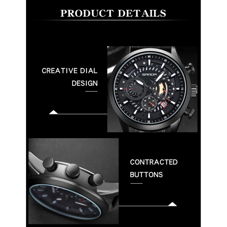 SANDA 5010P Six-Pin Cool Big Dial Waterproof Three-Eye Men Watch Leather Strap Fashion Trend Men Watch