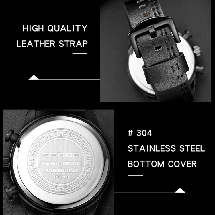 SANDA 5010P Six-Pin Cool Big Dial Waterproof Three-Eye Men Watch Leather Strap Fashion Trend Men Watch