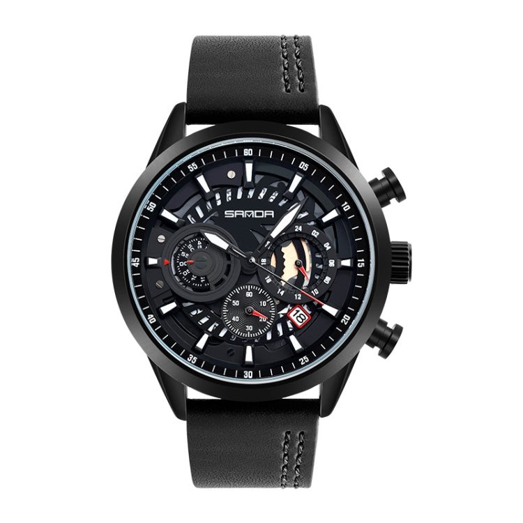 SANDA 5010P Six-Pin Cool Big Dial Waterproof Three-Eye Men Watch Leather Strap Fashion Trend Men Watch