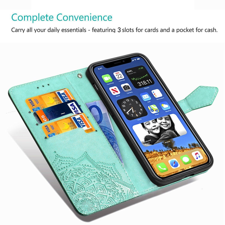 Mandala Flower Embossed Horizontal Flip Leather Case with Bracket / Card Slot / Wallet / Lanyard, For iPhone 12 Pro Max, For iPhone 12 / 12 Pro, For iPhone 12 mini