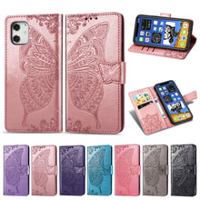 Load image into Gallery viewer, Butterfly Love Flower Embossed Horizontal Flip Leather Case with Bracket / Card Slot / Wallet / Lanyard, For iPhone 12 Pro Max, For iPhone 12 / 12 Pro 6.1 inch, For iPhone 12 mini