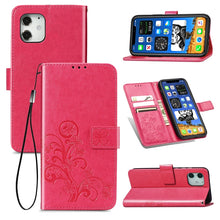 Load image into Gallery viewer, Four-leaf Clasp Embossed Buckle Mobile Phone Protection Leather Case with Lanyard &amp; Card Slot &amp; Wallet &amp; Bracket Function, For iPhone 12 Pro Max, For iPhone 12 / 12 Pro, For iPhone 12 mini
