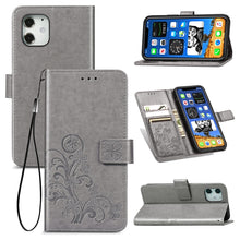 Load image into Gallery viewer, Four-leaf Clasp Embossed Buckle Mobile Phone Protection Leather Case with Lanyard &amp; Card Slot &amp; Wallet &amp; Bracket Function, For iPhone 12 Pro Max, For iPhone 12 / 12 Pro, For iPhone 12 mini