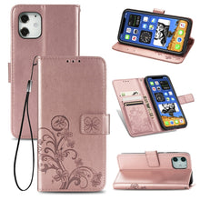 Load image into Gallery viewer, Four-leaf Clasp Embossed Buckle Mobile Phone Protection Leather Case with Lanyard &amp; Card Slot &amp; Wallet &amp; Bracket Function, For iPhone 12 Pro Max, For iPhone 12 / 12 Pro, For iPhone 12 mini