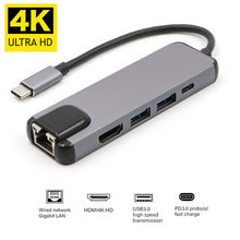 Load image into Gallery viewer, USB-C/Type-C to HD 4K HDMI + RJ45 + USB 3.0 + USB 2.0 + PD 5 in 1 HUB Converter, 5 in 1