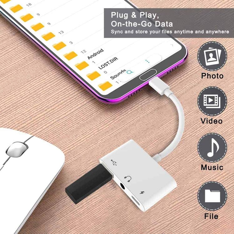 3 in 1 USB-C OTG Adapter with 3.5mm Headphone Jack, Compatible for iPad Pro and Type-C Jack Phone, 3 in 1
