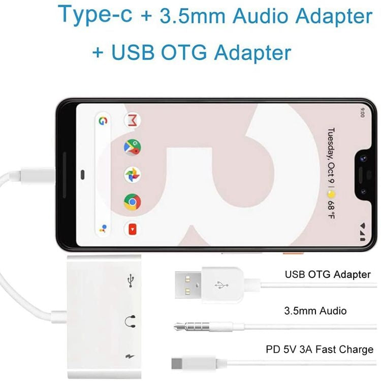 3 in 1 USB-C OTG Adapter with 3.5mm Headphone Jack, Compatible for iPad Pro and Type-C Jack Phone, 3 in 1