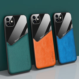 All-inclusive Leather + Organic Glass Phone Case with Metal Iron Sheet, For iPhone 12 mini