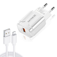 Load image into Gallery viewer, LZ-023 18W QC 3.0 USB Portable Travel Charger + 3A USB to 8 Pin Data Cable, EU Plug, 8 Pin Data Cable, EU Plug