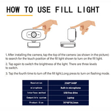 Load image into Gallery viewer, C10 2K HD Without Distortion 360 Degrees Rotate Three-speed Fill Light USB Free Drive Webcams, Built-in  Sound Clearer Microphone