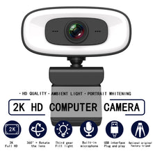 Load image into Gallery viewer, C10 2K HD Without Distortion 360 Degrees Rotate Three-speed Fill Light USB Free Drive Webcams, Built-in  Sound Clearer Microphone