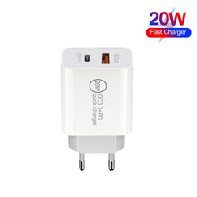Load image into Gallery viewer, 20W PD Type-C + QC 3.0 USB Interface Fast Charging Travel Charger with USB to 8 Pin Fast Charge Data Cable, EU Plug, US Plug, AU Plug