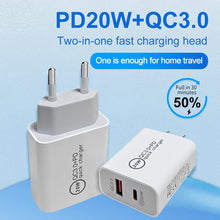 Load image into Gallery viewer, 20W PD Type-C + QC 3.0 USB Interface Fast Charging Travel Charger with USB to 8 Pin Fast Charge Data Cable, EU Plug, US Plug, AU Plug