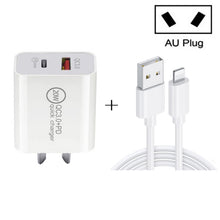 Load image into Gallery viewer, 20W PD Type-C + QC 3.0 USB Interface Fast Charging Travel Charger with USB to 8 Pin Fast Charge Data Cable, EU Plug, US Plug, AU Plug