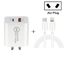 Load image into Gallery viewer, 20W PD Type-C + QC 3.0 USB Interface Fast Charging Travel Charger with USB-C / Type-C to 8 Pin Fast Charge Data Cable, EU Plug, US Plug, AU Plug