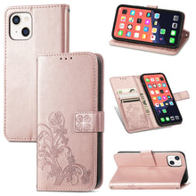 Load image into Gallery viewer, Four-leaf Clover Clasp Embossed Buckle Mobile Phone Protection Leather Case with Lanyard &amp; Card Slot &amp; Wallet &amp; Bracket Function, For iPhone 13 Pro Max, For iPhone 13 Pro, For iPhone 13, For iPhone 13 mini