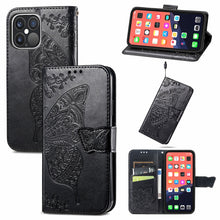 Load image into Gallery viewer, Butterfly Love Flower Embossed Horizontal Flip Leather Case with Bracket / Card Slot / Wallet / Lanyard, For iPhone 13 Pro Max, For iPhone 13 Pro, For iPhone 13, For iPhone 13 mini