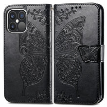 Load image into Gallery viewer, Butterfly Love Flower Embossed Horizontal Flip Leather Case with Bracket / Card Slot / Wallet / Lanyard, For iPhone 13 Pro Max, For iPhone 13 Pro, For iPhone 13, For iPhone 13 mini