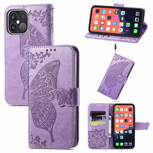 Load image into Gallery viewer, Butterfly Love Flower Embossed Horizontal Flip Leather Case with Bracket / Card Slot / Wallet / Lanyard, For iPhone 13 Pro Max, For iPhone 13 Pro, For iPhone 13, For iPhone 13 mini