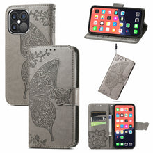 Load image into Gallery viewer, Butterfly Love Flower Embossed Horizontal Flip Leather Case with Bracket / Card Slot / Wallet / Lanyard, For iPhone 13 Pro Max, For iPhone 13 Pro, For iPhone 13, For iPhone 13 mini