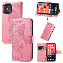 Load image into Gallery viewer, Butterfly Love Flower Embossed Horizontal Flip Leather Case with Bracket / Card Slot / Wallet / Lanyard, For iPhone 13 Pro Max, For iPhone 13 Pro, For iPhone 13, For iPhone 13 mini
